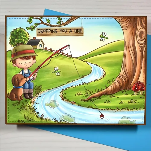 Vista 6 de Juego de sellos y troqueles para niños de pesca para hacer tarjetas, sellos transparentes y troqueles de corte de metal para álbumes de recortes