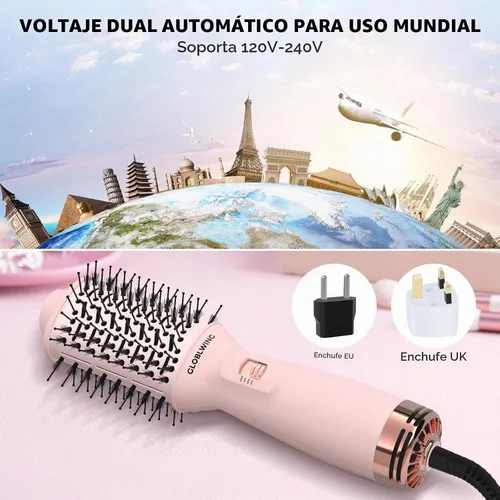 Vista 2 de Cepillo secador automático de pelo de viaje de doble voltaje, compacto mini cepillo de aire caliente con enchufe europeo, secadora de un paso