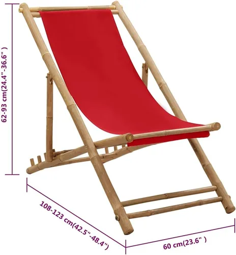 Vista 2 de vidaXL Silla de cubierta roja de bambú y lona Respaldo ajustable Patio, playa, campamento Resistente a la intemperie y duradera Diseño Rojo