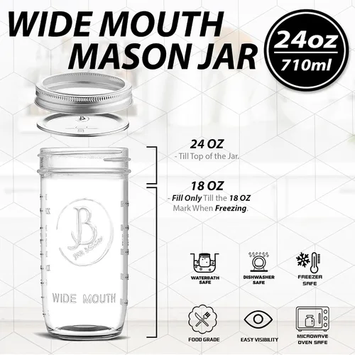 Vista 2 de Wide Mouth Mason Jars 24 oz - (6 Pack) - Clear Glass Pint and a Half Mason Jars With Airtight Lids and Bands. For Storage, Canning, Fermenting, Cold