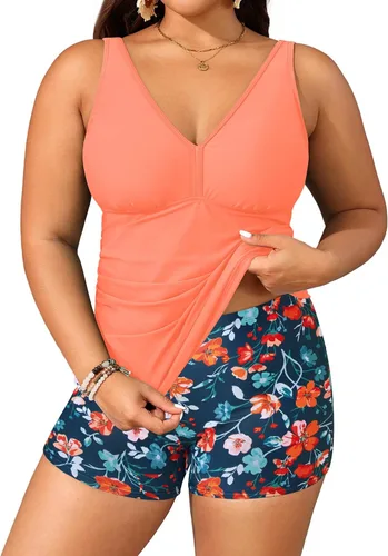Vista 13 de Yonique Trajes de baño de talla grande para mujer con shorts, control de abdomen, tankini de dos piezas, traje de baño deportivo Aqua y flor azul