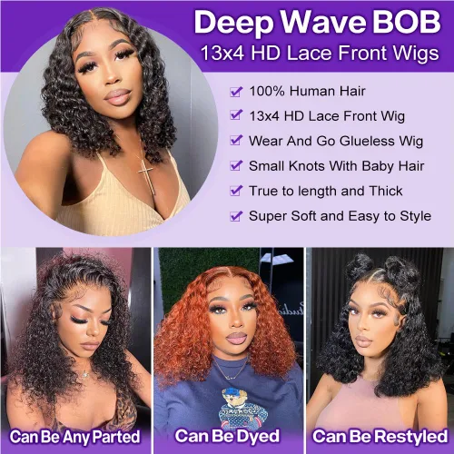 Vista 5 de Pelucas Rizadas de Cabello Humano 13x4 HD Pelucas de Encaje Frontal de Ondas Profundas Cabello Humano Pre Desplumadas 12 Pulgadas Peluca Bob Cabello