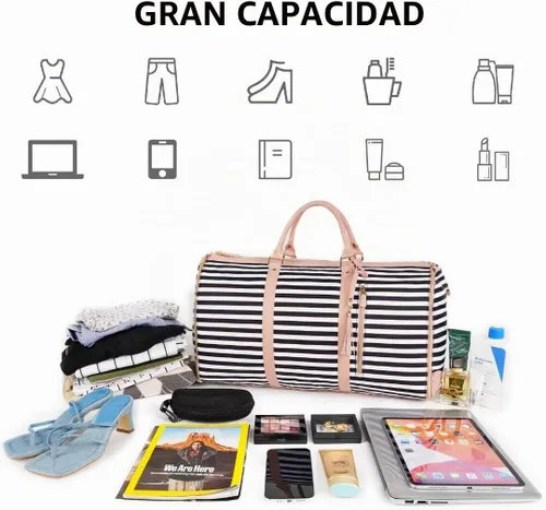 Vista 3 de Bolsa de ropa de equipaje de mano, bolsas grandes de cuero PU para ropa de viaje con bolsa para zapatos, Grande, Bolso B-Rayas Blancas Negras