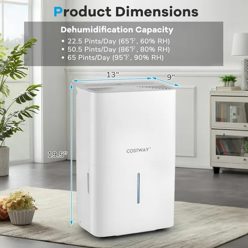 Vista 8 de COSTWAY Deshumidificador Energy Star de 65 pintas, 5000 pies cuadrados, deshumidificador portátil grande para sótanos con 2 modos y 3 velocidades