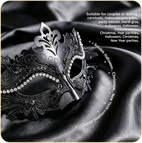 Vista 5 de Máscaras de metal para mujeres/hombres, máscara veneciana de Halloween, máscara de Mardi Gras Negro