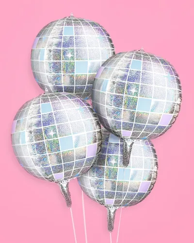 Vista 4 de xo, Fetti Globos de Papel de Aluminio con Bola de Discoteca Iridiscente - Paquete de 4, 22" Decoraciones de Despedida de Soltera Disco