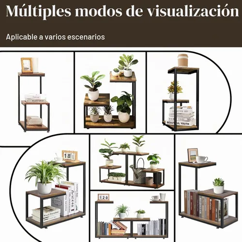 Vista 5 de Mesa auxiliar en forma de G, mesa auxiliar de 3 niveles para sofá interior, mesa auxiliar pequeña con marco de metal para sala de estar, dormitorio