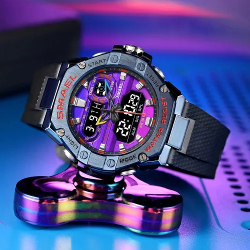 Vista 2 de SMAEL Reloj deportivo para hombre, reloj de doble tiempo para hombre, reloj de luz LED, alarma 8066, reloj deportivo de moda, reloj de pulsera
