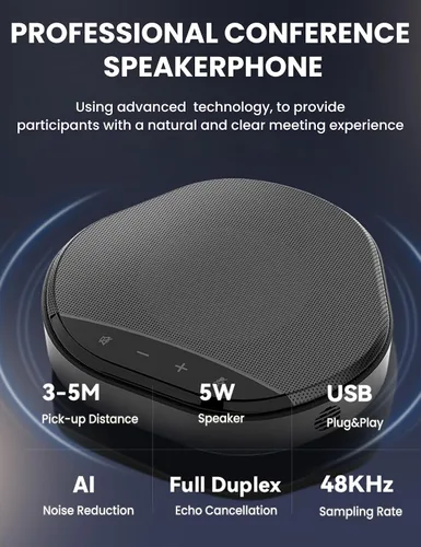 Vista 2 de Altavoz y micrófono de conferencia, captación de voz mejorada de 360° con 2 micrófonos AI, reducción de eco y ruido, altavoz USB-C Plug & Play