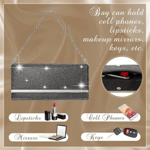 Vista 4 de Tessco Bolso de noche para mujer con purpurina para mujer, para noche, boda, fiesta, graduación, bolso de diamantes de imitación con cadena