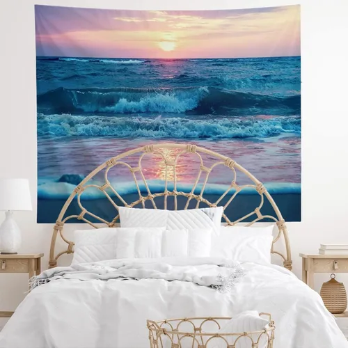 Vista 3 de IcosaMro Tapiz oceánico para colgar en la pared, mar, playa, ola, sol, nube, paisaje, naturaleza, arte de pared [dobladillos dobles] decoración