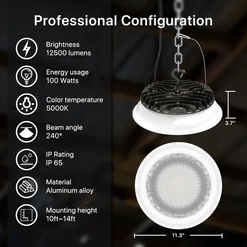 Vista 2 de HYPERLITE Luz LED de Alta Bahía con Reflector 100W 12500LM 5000K Luz Diurna, Luces LED de Alta Bahía con Enchufe EE. UU. para Cochera de Taller