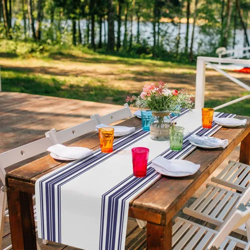 Vista 3 de Nautical Navy Blue Vertical Striped Table Runner Dresser Scarves, 13x36In Non-Slip Rectangular Table Dress Scarf White Kitchen Dinner Tables Decor