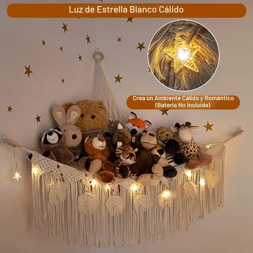 Vista 3 de ANROYE Hamaca de Red de Juguetes de Animales de Peluche de Macramé con Luz de Estrella, Almacenamiento Boho de Peluches Pequeños para Guardería