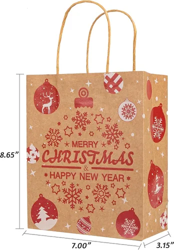 Vista 6 de 24 bolsas de regalo de papel kraft de Navidad con 24 papeles de seda, bolsas de dulces navideños de 7 x 8.6 x 3 pulgadas con asas, bolsas de dulces