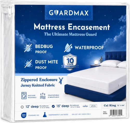 Vista 72 de Guardmax Protector de colchón individual con cremallera, funda de colchón 1 - Blanco
