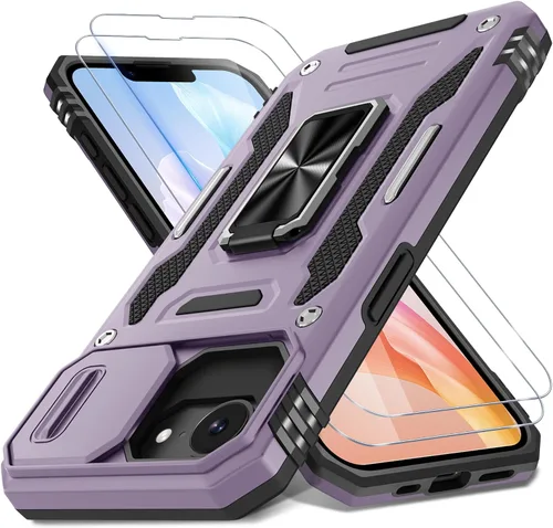 Vista 90 de DEERLAMN Funda para iPhone Air de 6.5 pulgadas con cubierta deslizante para cámara + protector de pantalla (2 paquetes), soporte de anillo giratorio