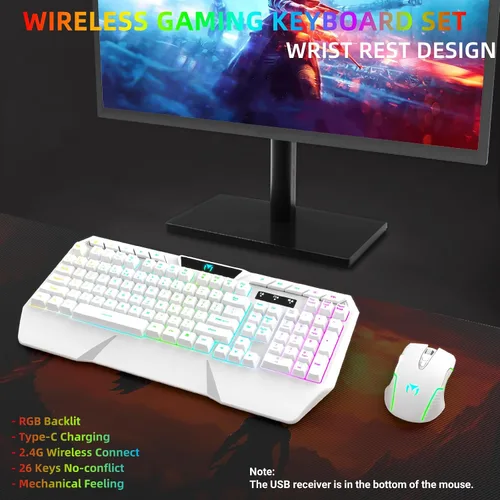Vista 2 de Combo de teclado y mouse inalámbricos retroiluminación RGB, teclado inalámbrico recargable, reposamuñecas ergonómico, mouse retroiluminado, teclado