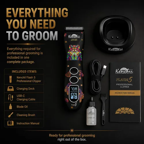 Vista 5 de Kenchii Flash 5 Dog Grooming Clipper, Wolf Edition Black, Cordless Negro