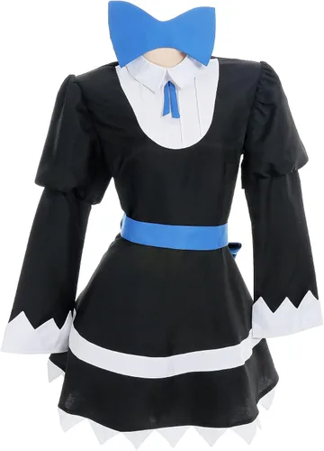 Vista 2 de miccostumes Disfraz de anime para mujer, vestido de sirvienta negro con cinturón y medias