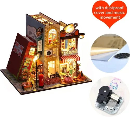 Vista 6 de Soporte de madera 3D para libros, rompecabezas de casa de muñecas, sujetalibros de madera, kit de construcción de rincones con luz LED