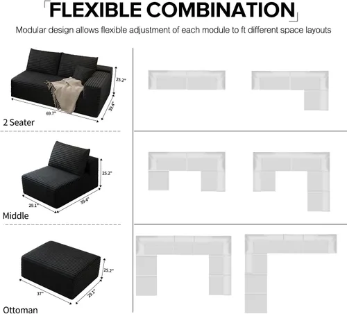 Vista 7 de Sofá modular modular de 139.4 pulgadas, sofás minimalistas en forma de L con diván de asiento medio, moderno sofá convertible de asiento profundo