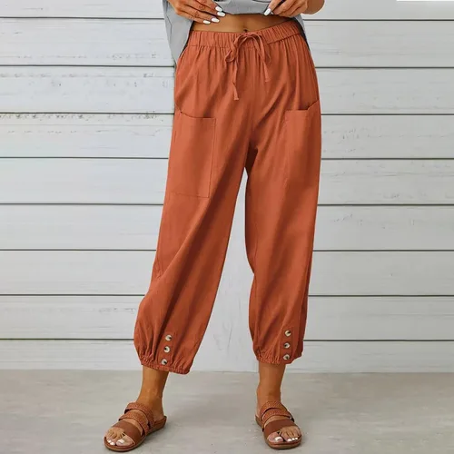 Vista 2 de Pantalones capri de cintura alta con cordón y botón de algodón suelto casual con bolsillos para mujer