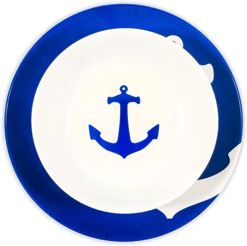 Vista 4 de Camco Juego de vajilla de melamina de 12 piezas - Presenta diseño náutico azul y blanco - Incluye 4 cuencos, 4 platos de ensalada y 4 platos llanos