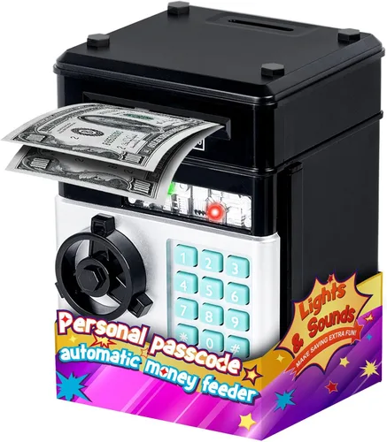 Vista 9 de Refasy Alcancía para dinero en efectivo, cajero automático, banco electrónico de monedas para niños de 3 a 12 años, caja de ahorro de dinero, mini