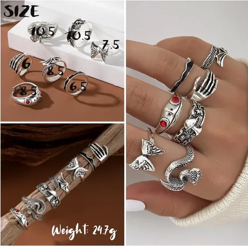 Vista 5 de ZOVOLI Juego de anillos de nudillos plateados vintage para mujeres y adolescentes, paquete de anillos góticos geniales, 28 piezas apilables de moda