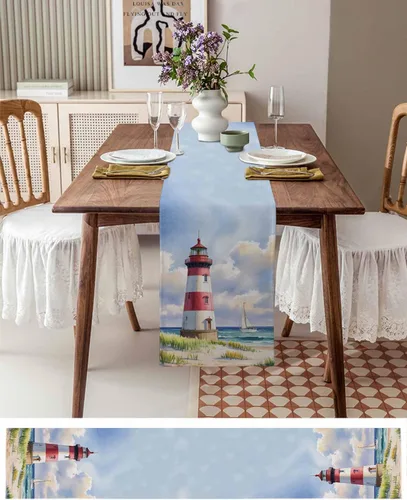 Vista 3 de Coastal Lighthouse - Camino de mesa rectangular de lino y algodón de 13 x 36 pulgadas, acuarela, cielo azul, mar, verano, playa, náutico, camino