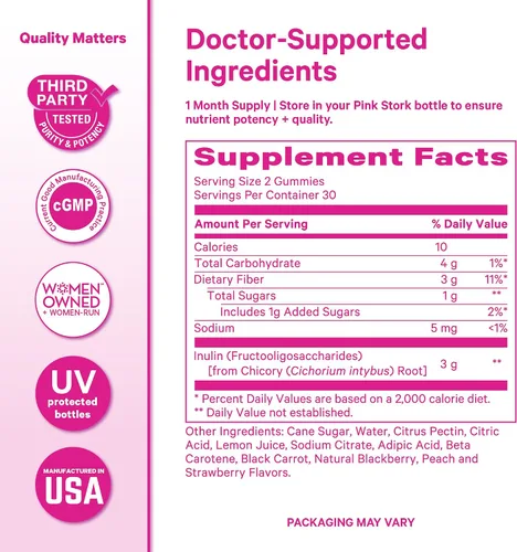 Vista 6 de Pink Stork Gomitas de fibra prenatal para mujeres, 0.11 onzas de inulina prebiótica de raíz de achicoria, suavizantes naturales para el embarazo