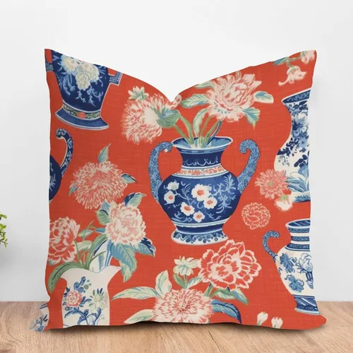 Vista 53 de ArogGeld Funda de cojín con flores verdes y blancas con flores grises y negras y hojas verdes en estilo chinoiserie, funda de almohada cuadrada