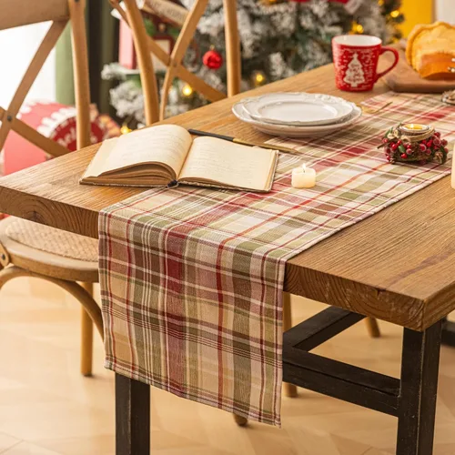 Vista 5 de Camino de mesa de Navidad a cuadros beige, caminos de mesa de vacaciones de invierno de 72 pulgadas de largo, decoraciones de Navidad