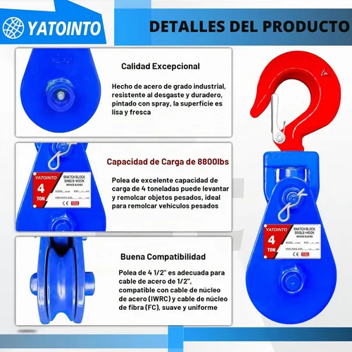 Vista 3 de YATOINTO Bloque de tracción de 4 toneladas con gancho, polea de 4.5 pulgadas, bloque de tracción de cable de alambre de 1/2 pulgada, 8800 libras