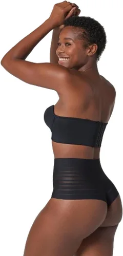 Vista 4 de Leonisa Tanga de cintura alta sin costuras con rayas de encaje, ropa interior adelgazante con control de abdomen