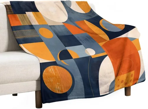 Vista 41 de Manta de franela de mediados de siglo, color azul marino, naranja quemado, estética abstracta, geométrica, acogedora, manta moderna de mediados