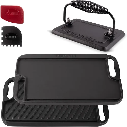 Vista 8 de Cuisinel Parrilla de hierro fundido + rascador/limpiador, reversible, pre-sazonado, de 16.75 x 9.5 pulgadas, sartén plana de doble mango y sartén