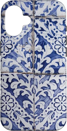 Vista 32 de Azulejos de patrón portugués - Funda azul y blanca floral para iPhone 17