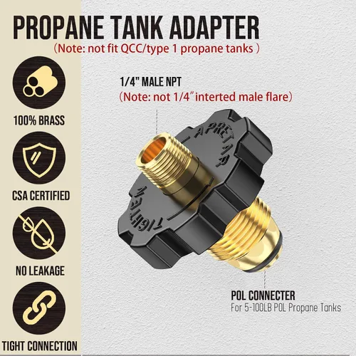 Vista 2 de 1 enchufe adaptador de tanque de gas propano POL con exceso de flujo a rosca macho NPT de 1/4 pulgadas, conector de tanque de propano de 5-100