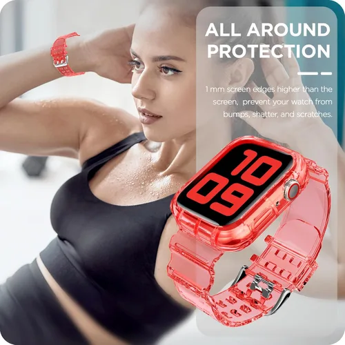 Vista 290 de DABAOZA - Correa transparente compatible con Apple Watch con estuche protector, correa deportiva de TPU con brillo para mujeres y hombres
