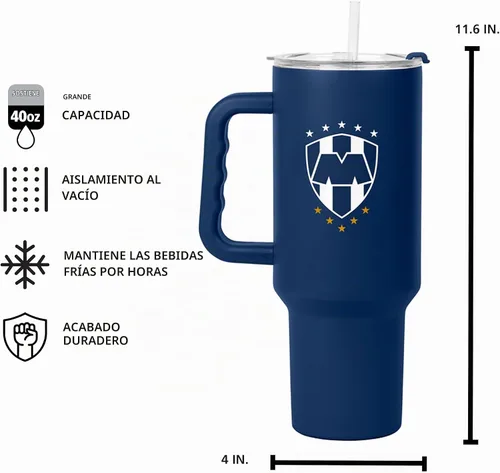 Vista 5 de Logo Brands Liga MX CF Monterrey - Vaso con mango de acero inoxidable de 40 onzas, doble pared, aislado al vacío, acabado con recubrimiento