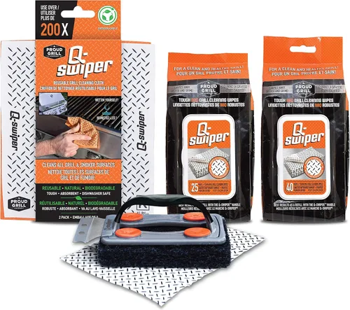 Vista 10 de Proud Grill Q-Swiper - Juego de limpiador de parrilla para barbacoa, 1 cepillo de parrilla con raspador y 25 toallitas de limpieza para parrilla