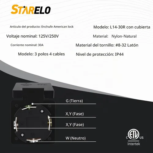 Vista 2 de STARELO Receptáculo de Bloqueo de 30 Amperios para Generador Salida NEMA L14-30R con Cubierta, 125/250 Voltios 3 Polos 4 Cables, Resistente a