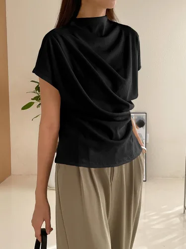 Vista 25 de OYOANGLE Camiseta de manga corta con cuello alto falso y fruncido para mujer