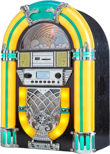 Vista 11 de Athena - Mini Jukebox/reproductor de CD de mesa, altavoz Bluetooth, radio/reproductor de tarjetas USB y SD con sistema de iluminación LED retro