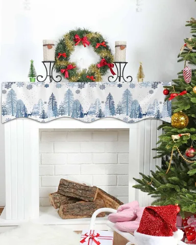 Vista 4 de Mantel con diseño de copo de nieve azul para chimenea de Navidad, bufanda para repisa, estola para estantes, renos, alces, nieve, bosque, cubierta