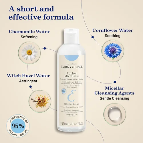 Vista 4 de Embryolisse Loción micelar removedor de maquillaje para pieles sensibles, limpieza suave y tonificante agua floral con manzanilla, aciano