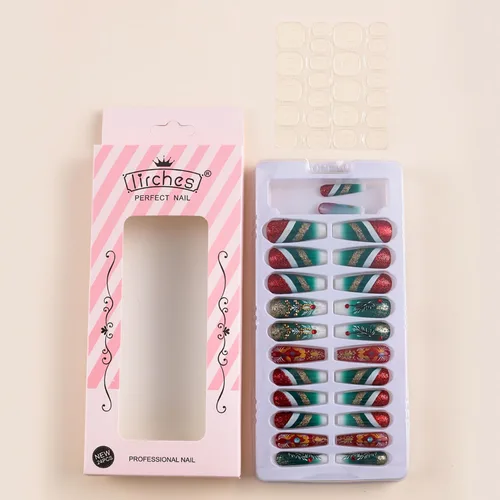 Vista 6 de Uñas postizas largas a presión de Navidad, uñas acrílicas artificiales con diamantes de imitación, diseño de árbol de Navidad, uñas postizas