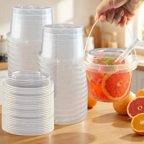 Vista 2 de Juego de 20 mini cubos para bebidas de 16 onzas, vasos de plástico transparente con tapas y pajitas, vasos desechables para bebidas frías, café